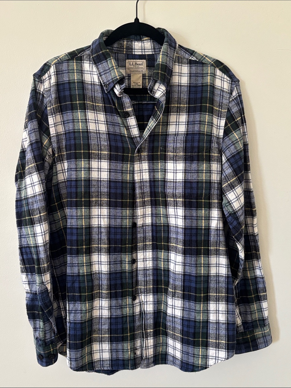 L.L. Bean Men’s Navy, Green & White Plaid Flannel Button-Down Shirt